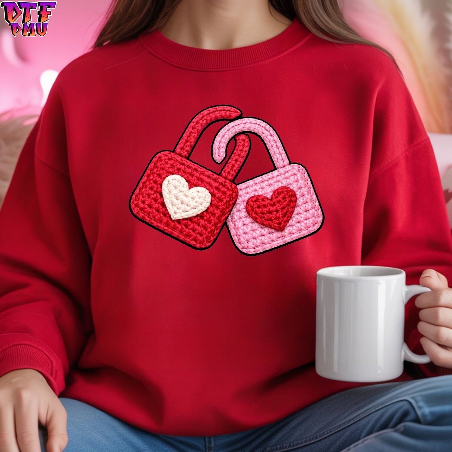 LOVE LOCK Faux Yarn/Crochet Valentine's Day DTF Transfer Print Only.