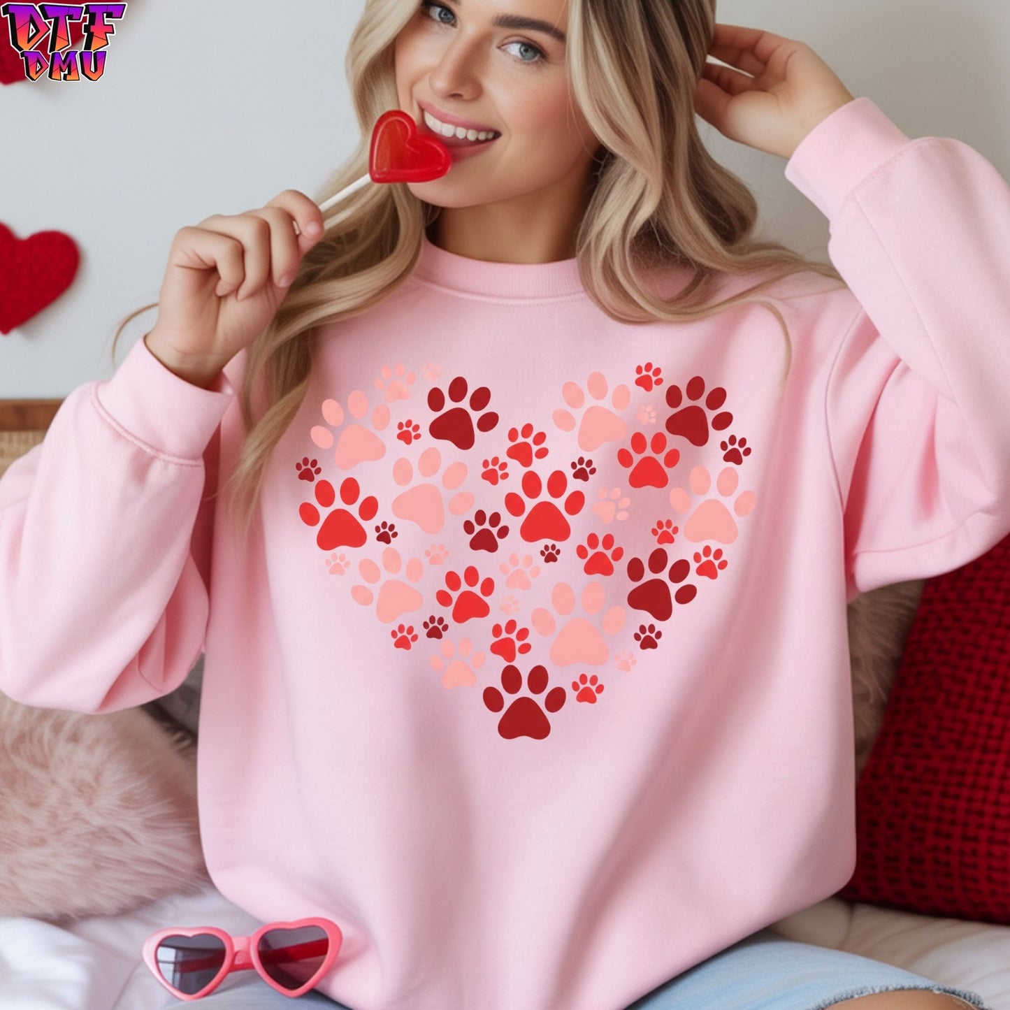 Paw Heart Valentine's Day Faux Yarn/Crochet DTF Transfer Print Only.
