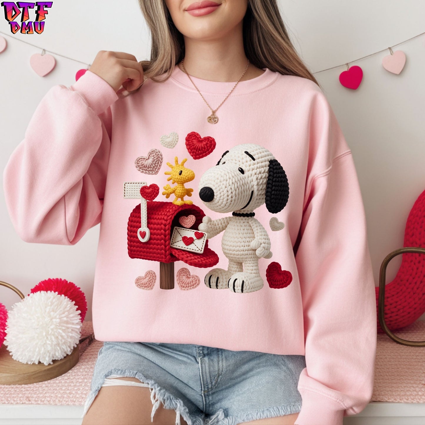 SnoopyValentine's Day Faux Yarn/Crochet DTF Transfer Print Only.