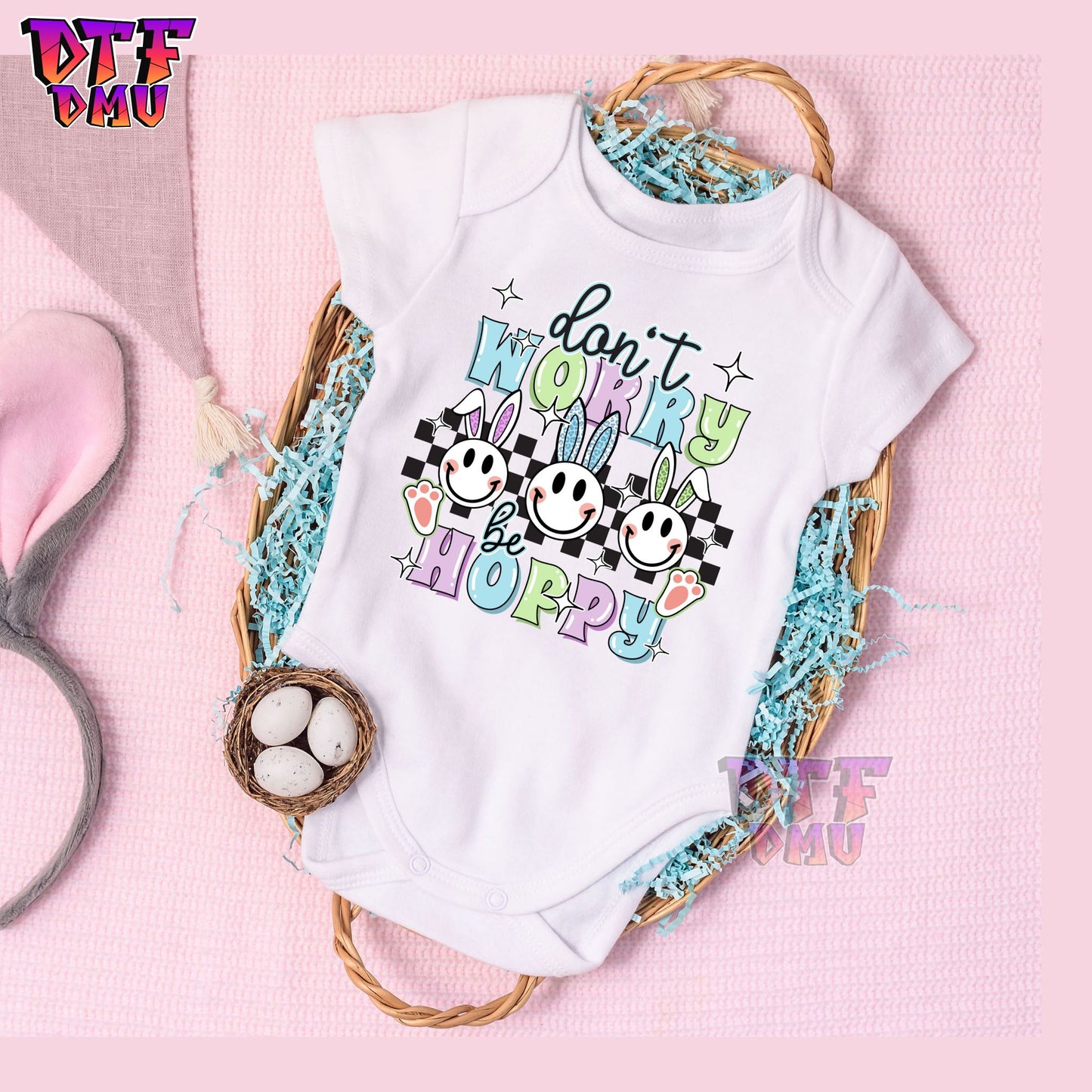 Don't Worry Be HOPPY Easter DTF Transfer Print (Purple,Blue,Green Ears)