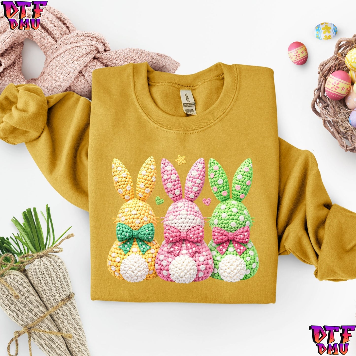 TRIO Easter BUNNY Faux Yarn/Crochet DTF Transfer Print