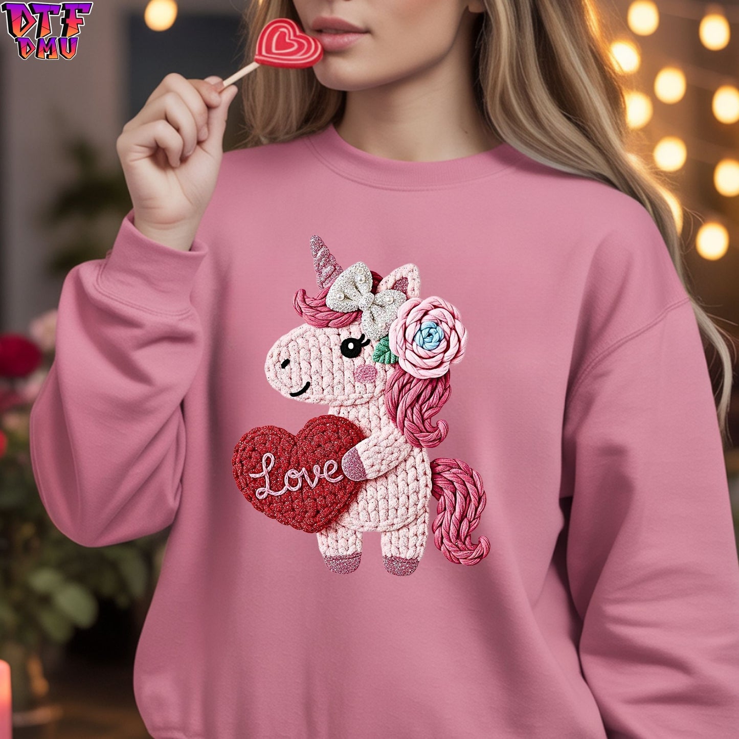 LOVE Unicorn Faux Yarn/Crochet Valentine's Day DTF Transfer Print Only.