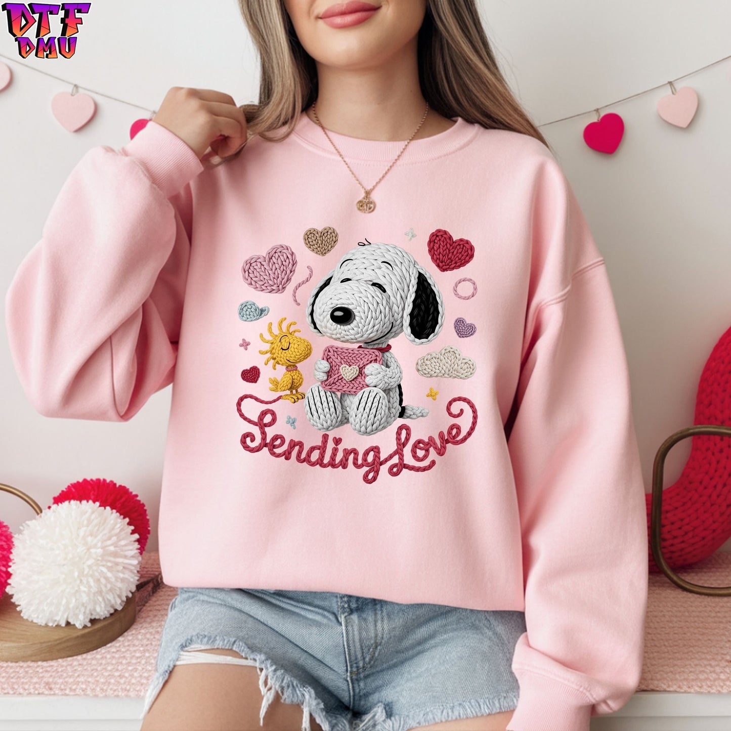 Snoopy Sending Love Valentine's Day Faux Yarn/Crochet DTF Transfer Print Only.