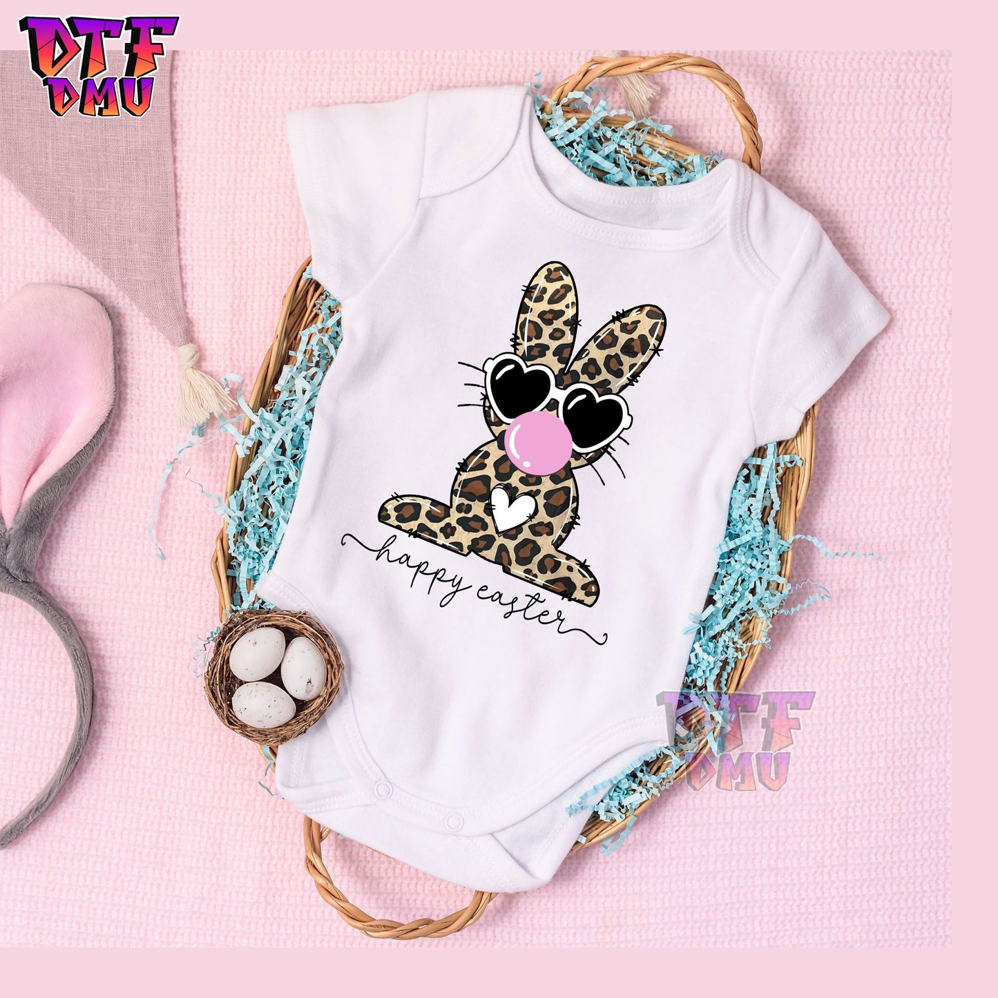 Bubble Gum Leopard Happy Easter Bunny DTF Transfer