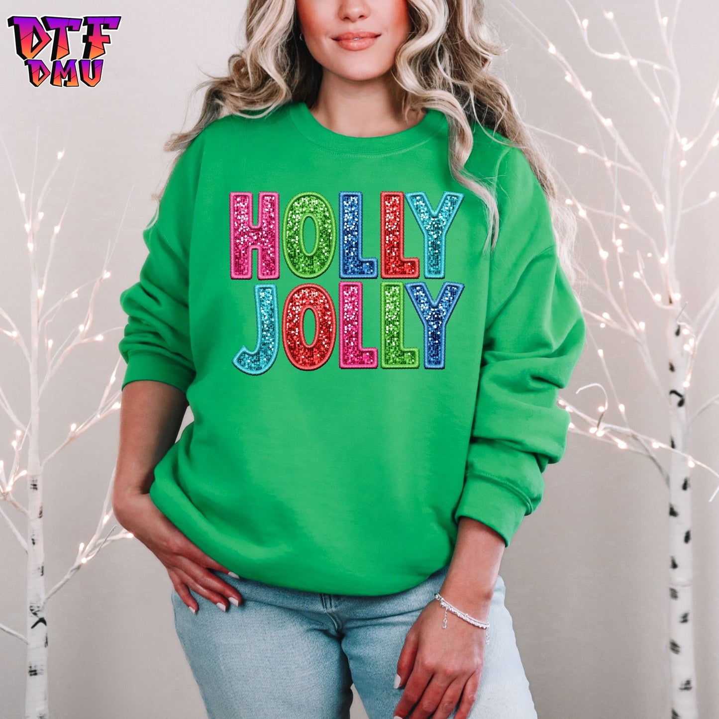 Holly Jolly faux Embroidery Christmas DTF Transfer