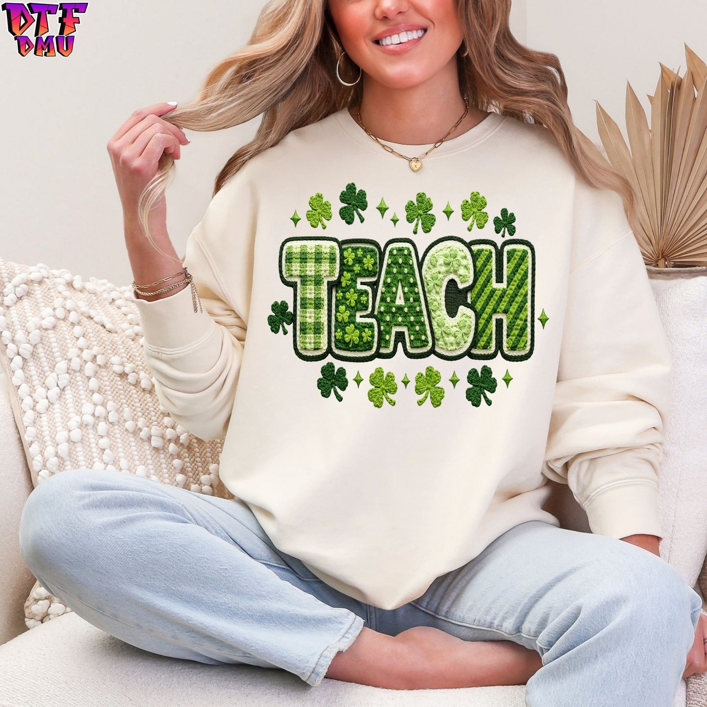 TEACHER Faux Yarn/Crochet/Embroidery St. Patrick's Day DTF Transfer print Only.