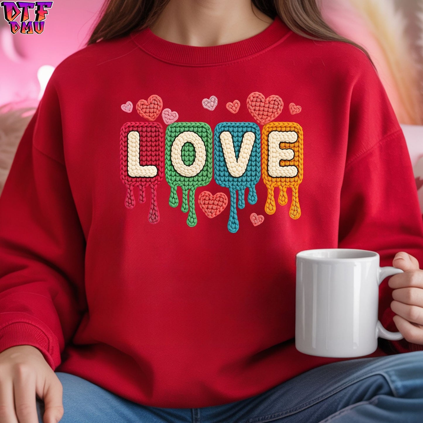 LOVE Faux Yarn/Crochet Valentine's Day DTF Transfer Print Only.