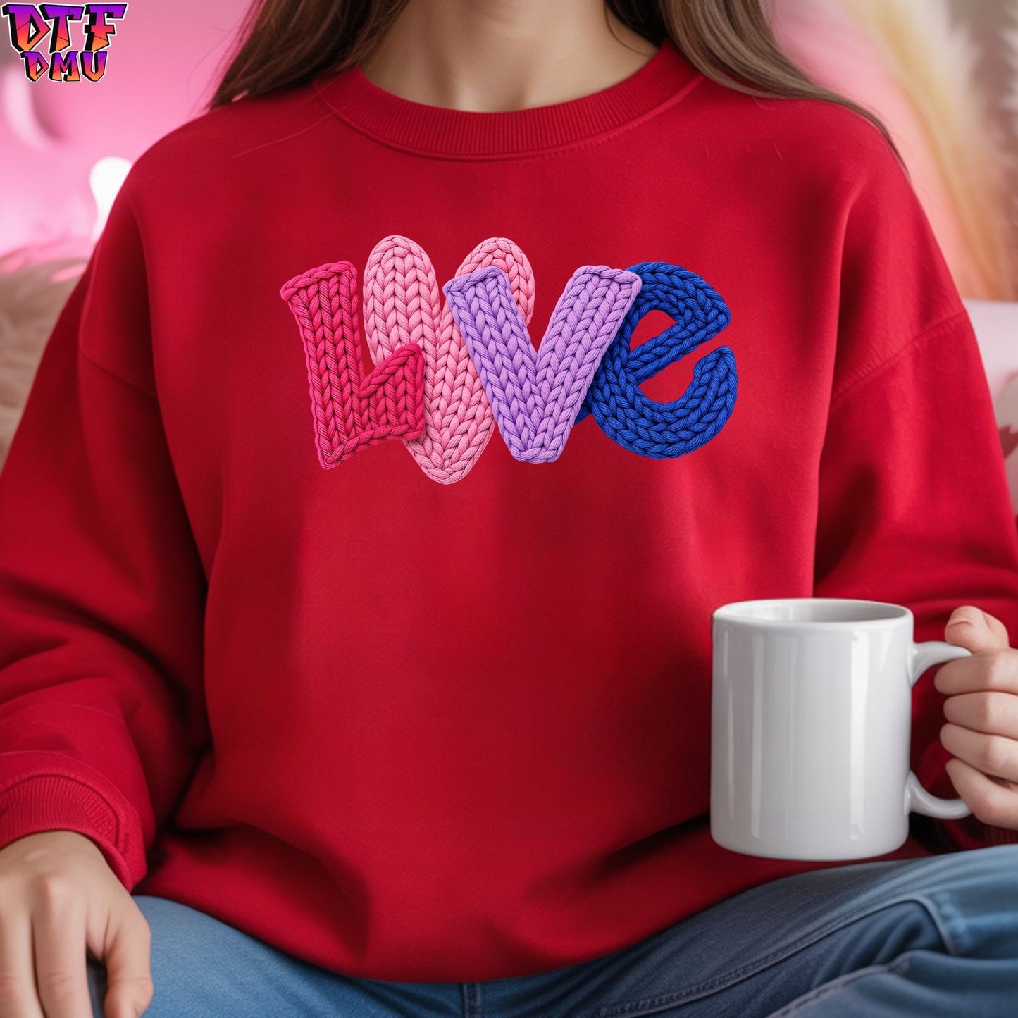 LOVE Faux Yarn/Crochet Valentine's Day DTF Transfer Print Only.