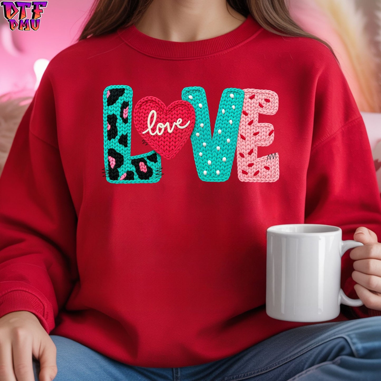 LOVE Faux Yarn/Crochet Valentine's Day DTF Transfer Print Only.