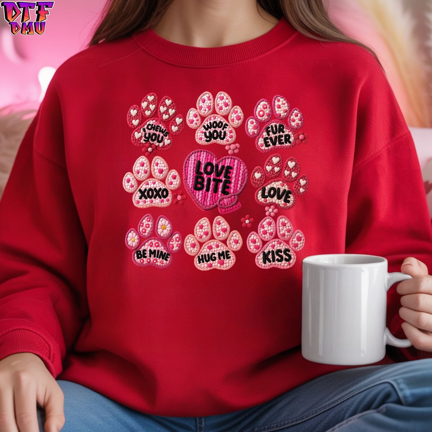 LOVE BITE PAWs Valentine's Day Faux Yarn/Crochet DTF Transfer Print Only.