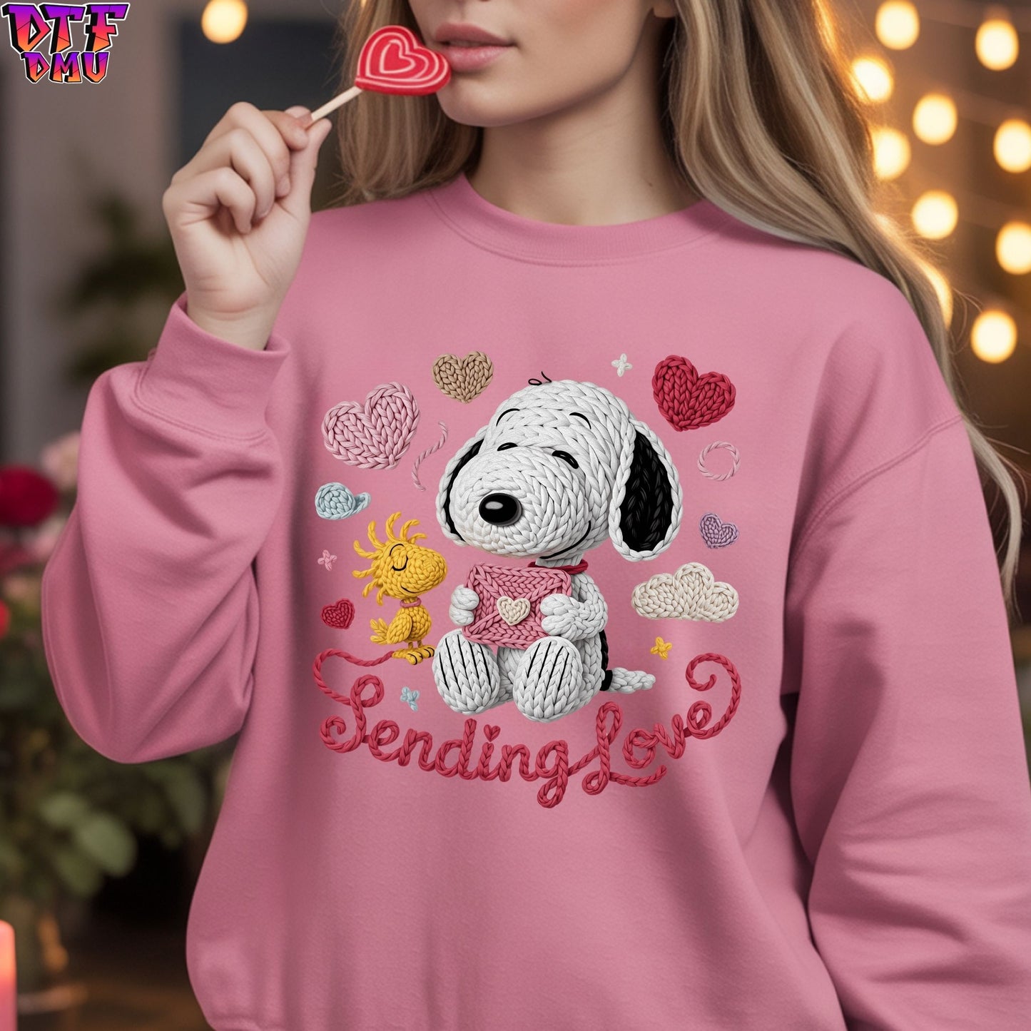 Snoopy Sending Love Valentine's Day Faux Yarn/Crochet DTF Transfer Print Only.