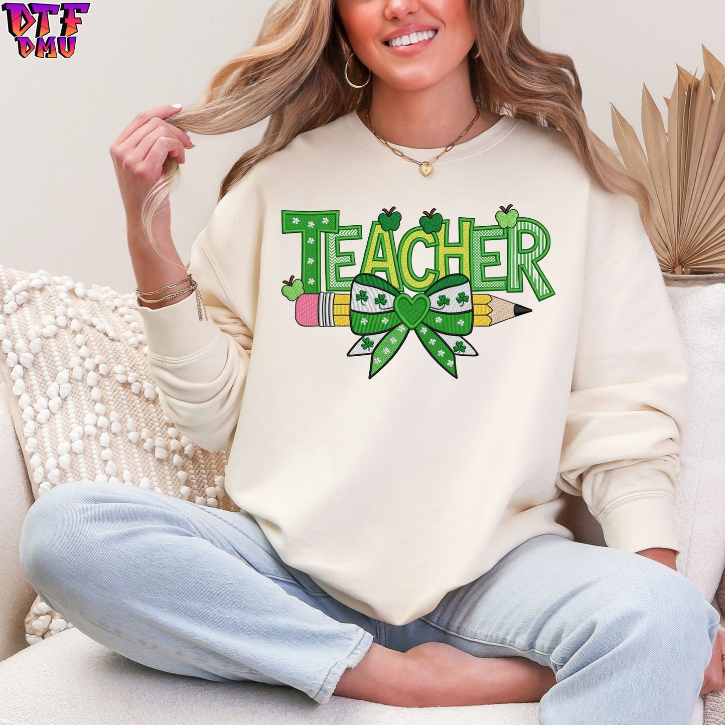 TEACHER Faux Yarn/Crochet/Embroidery St. Patrick's Day DTF Transfer print Only.