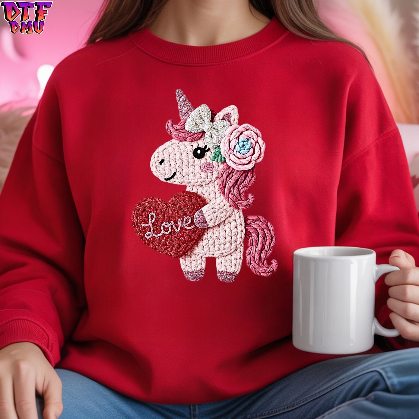 LOVE Unicorn Faux Yarn/Crochet Valentine's Day DTF Transfer Print Only.