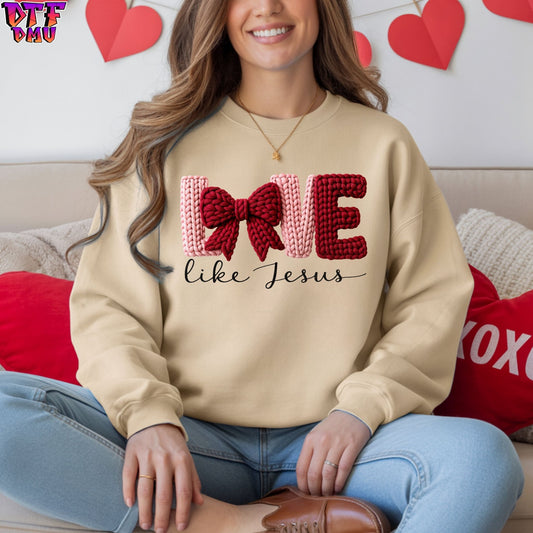LOVE Like Jesus Valentine's Day Faux Yarn/Crochet DTF Transfer Print Only.