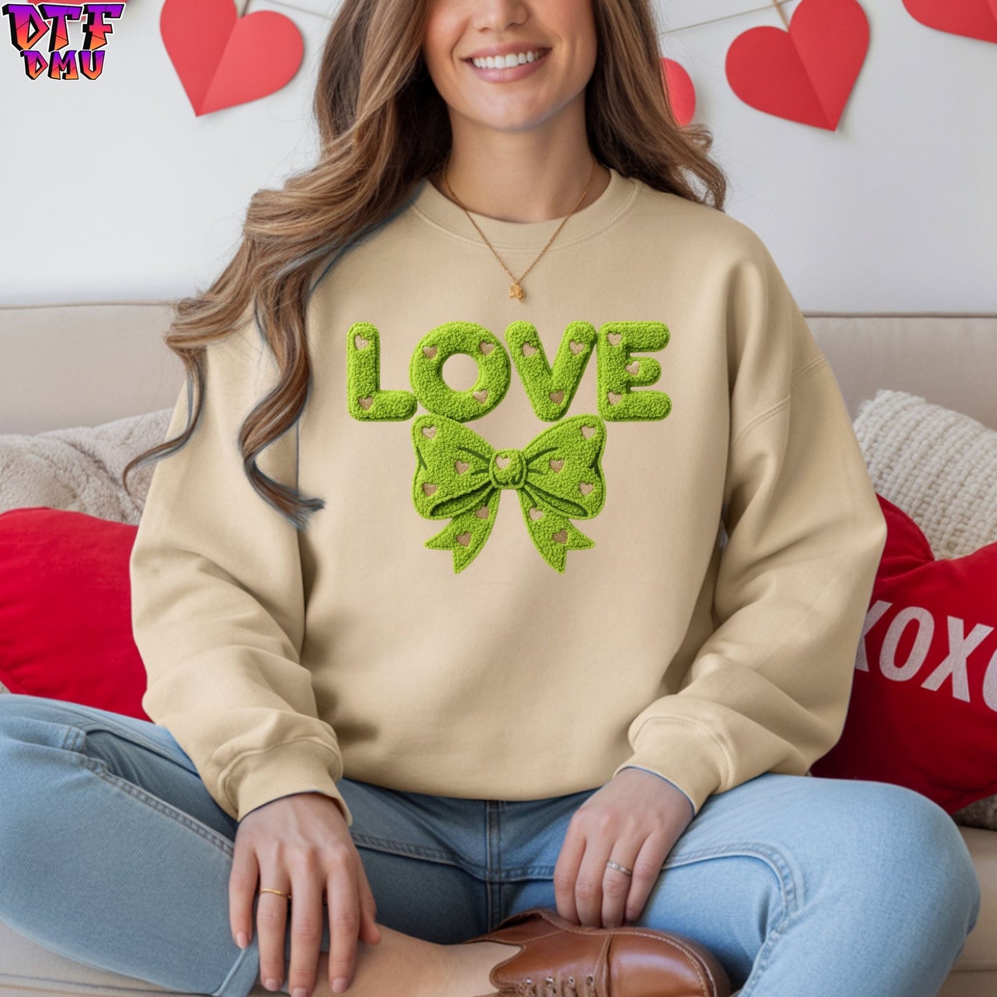 LOVE BOW Faux Yarn/Crochet Valentine's Day DTF Transfer Print Only.