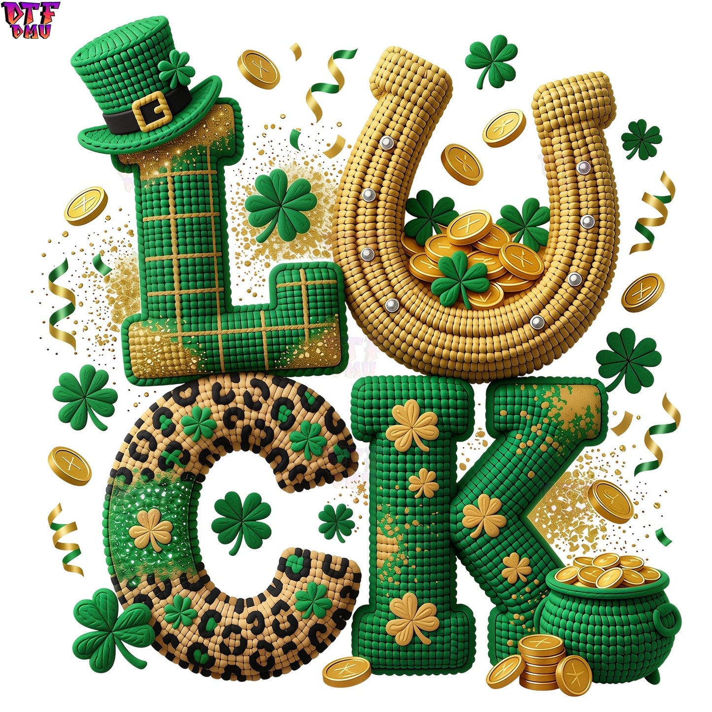 LUCK Faux Yarn/Crochet St. Patrick's Day DTF Transfer print Only.