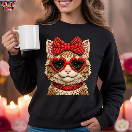 Kitty Valentine's Day Faux Yarn/Crochet DTF Transfer Print Only.