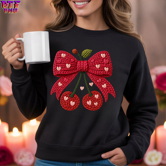 Cherry Bow Valentine's Day Faux Yarn/Crochet DTF Transfer Print Only.