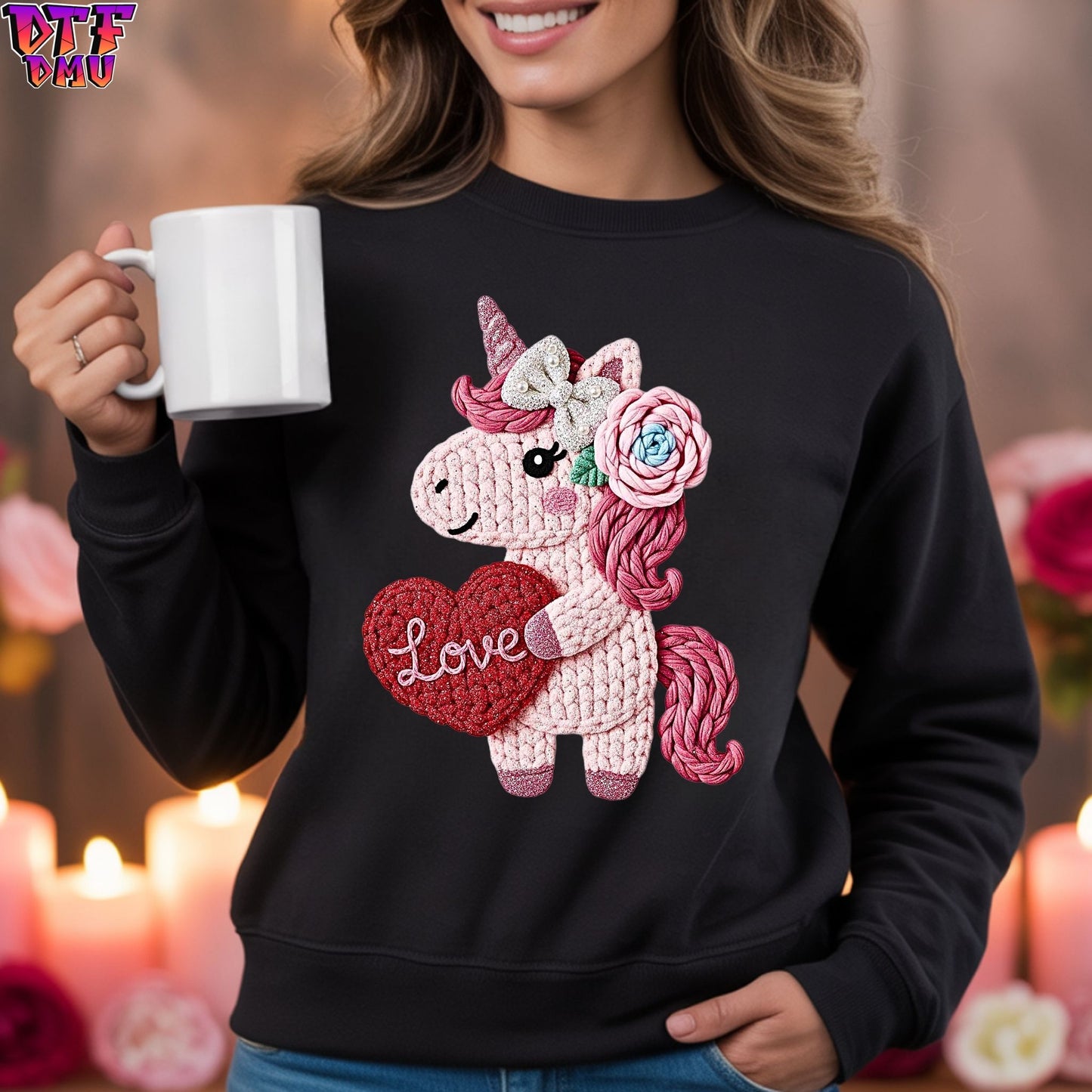 LOVE Unicorn Faux Yarn/Crochet Valentine's Day DTF Transfer Print Only.