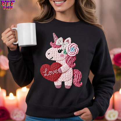 LOVE Unicorn Faux Yarn/Crochet Valentine's Day DTF Transfer Print Only.