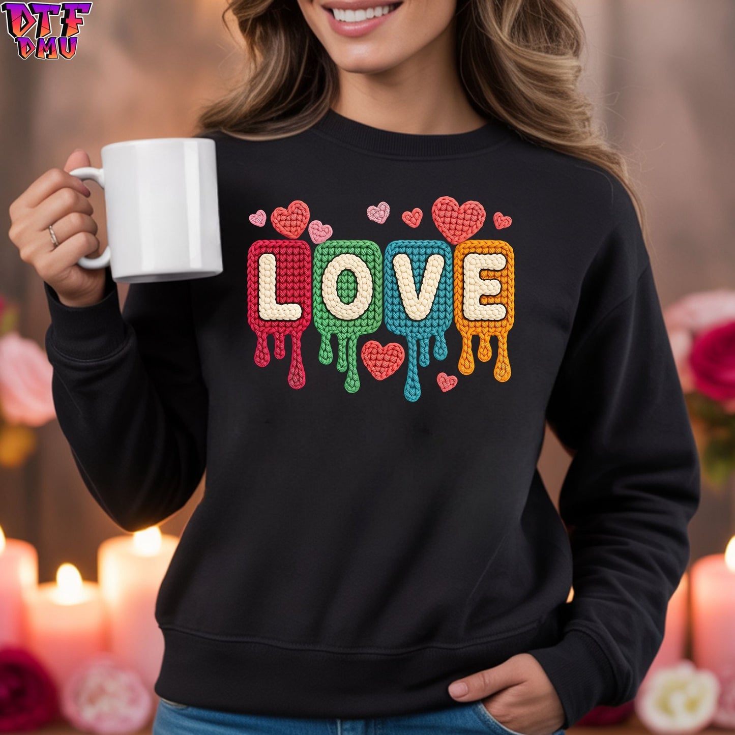 LOVE Faux Yarn/Crochet Valentine's Day DTF Transfer Print Only.