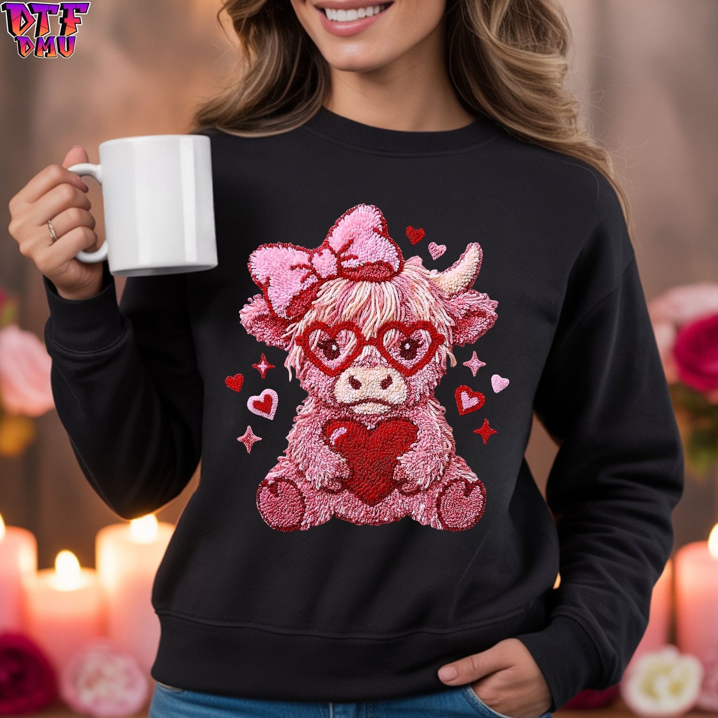 Highland Cow Faux Yarn/Crochet Valentine's Day DTF Transfer Print Only.