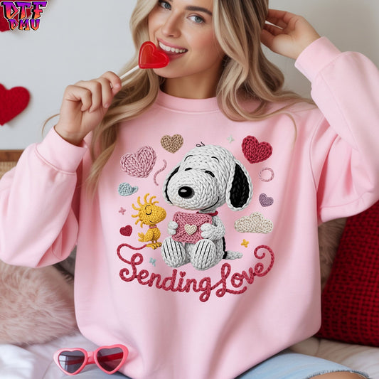 Snoopy Sending Love Valentine's Day Faux Yarn/Crochet DTF Transfer Print Only.