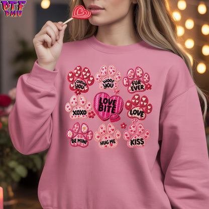 LOVE BITE PAWs Valentine's Day Faux Yarn/Crochet DTF Transfer Print Only.