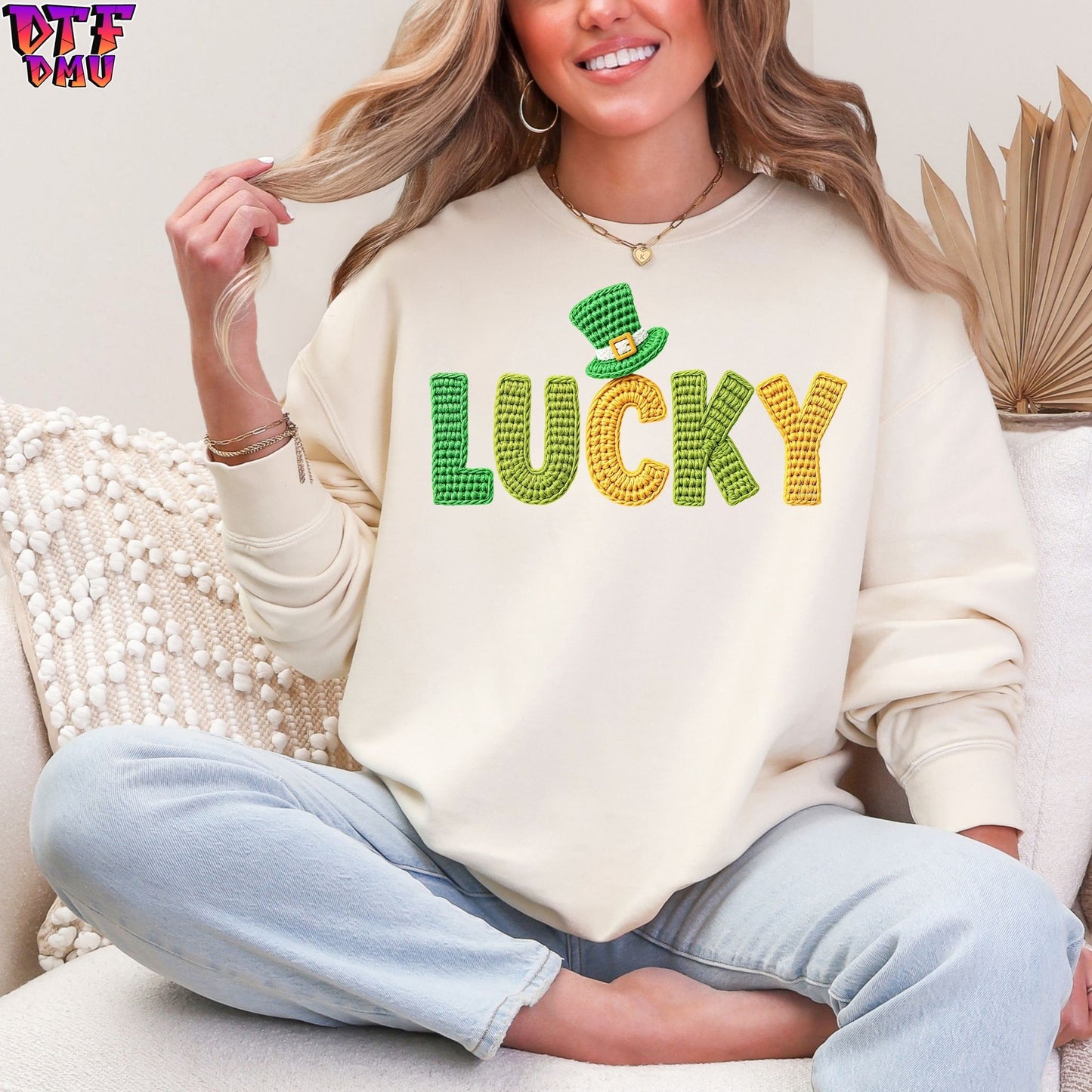 LUCKY Faux Yarn/Crochet St. Patrick's Day DTF Transfer print Only.