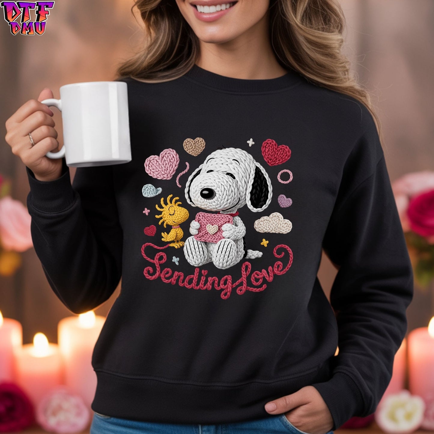 Snoopy Sending Love Valentine's Day Faux Yarn/Crochet DTF Transfer Print Only.