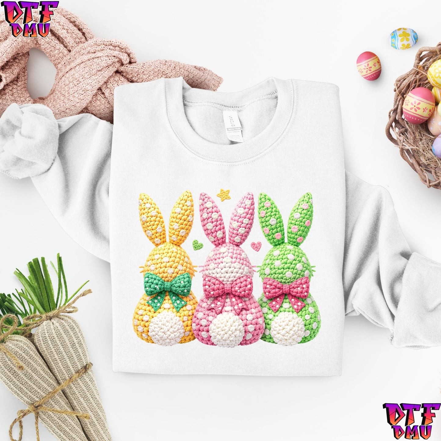 TRIO Easter BUNNY Faux Yarn/Crochet DTF Transfer Print