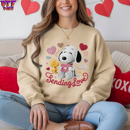 Snoopy Sending Love Valentine's Day Faux Yarn/Crochet DTF Transfer Print Only.