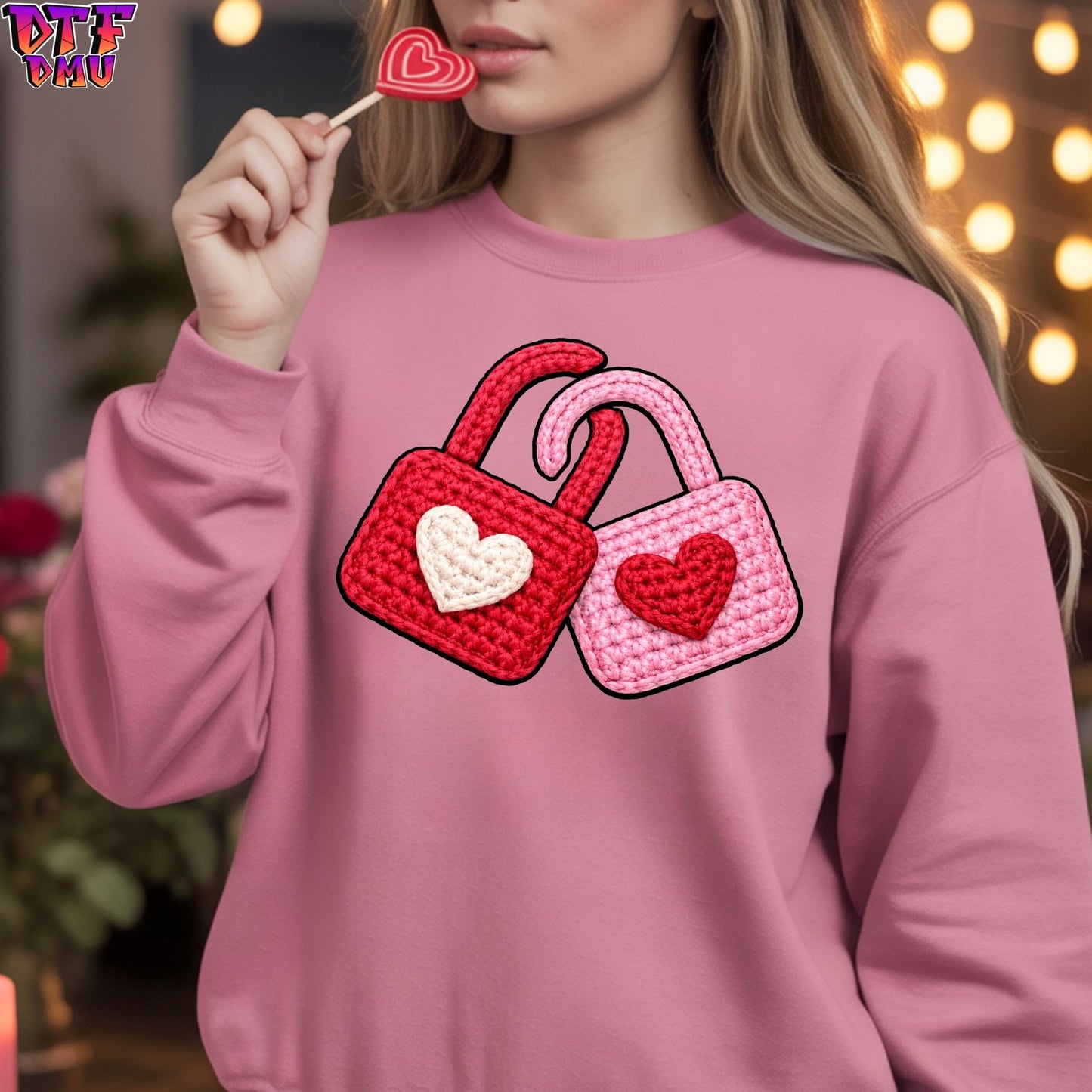 LOVE LOCK Faux Yarn/Crochet Valentine's Day DTF Transfer Print Only.