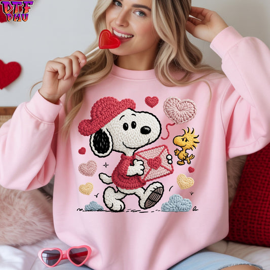 Snoopy Valentine's Day Faux Yarn/Crochet DTF Transfer Print Only.