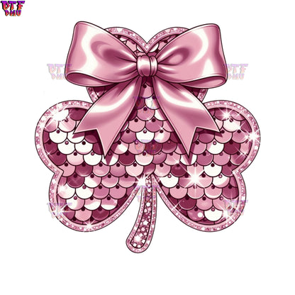 Pink CLOVER LEAF Faux Sequin St. Patrick's Day DTF Transfer print Only.