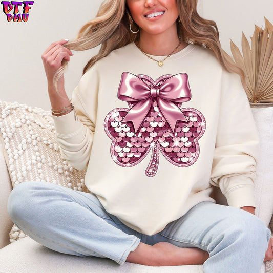 Pink CLOVER LEAF Faux Sequin St. Patrick's Day DTF Transfer print Only.