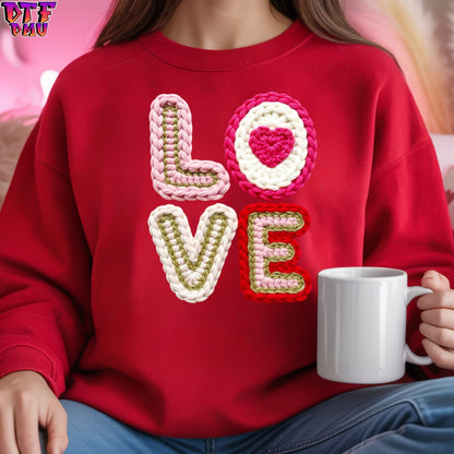 LOVE Faux Yarn/Crochet Valentine's Day DTF Transfer Print Only.
