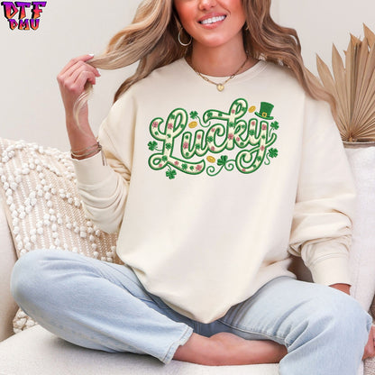 LUCKY Faux Yarn/Crochet St. Patrick's Day DTF Transfer print Only.