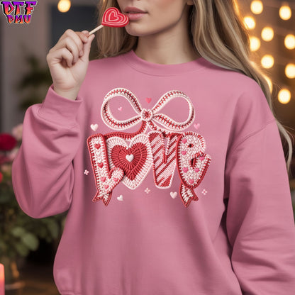 LOVE Valentine's Day Faux Yarn/Crochet DTF Transfer Print Only.