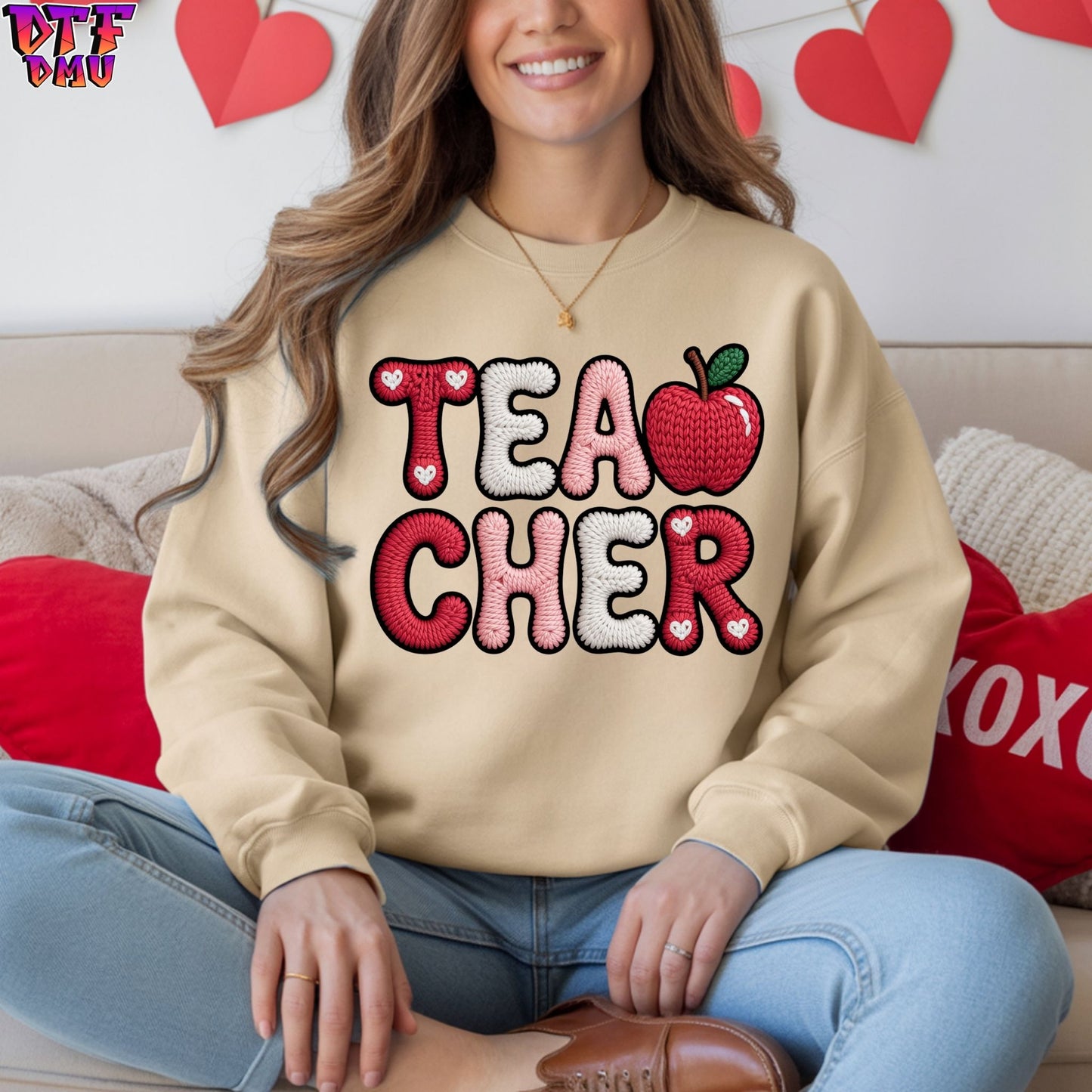 TEACHER Faux Yarn/Crochet Valentine's Day DTF Transfer Print Only.