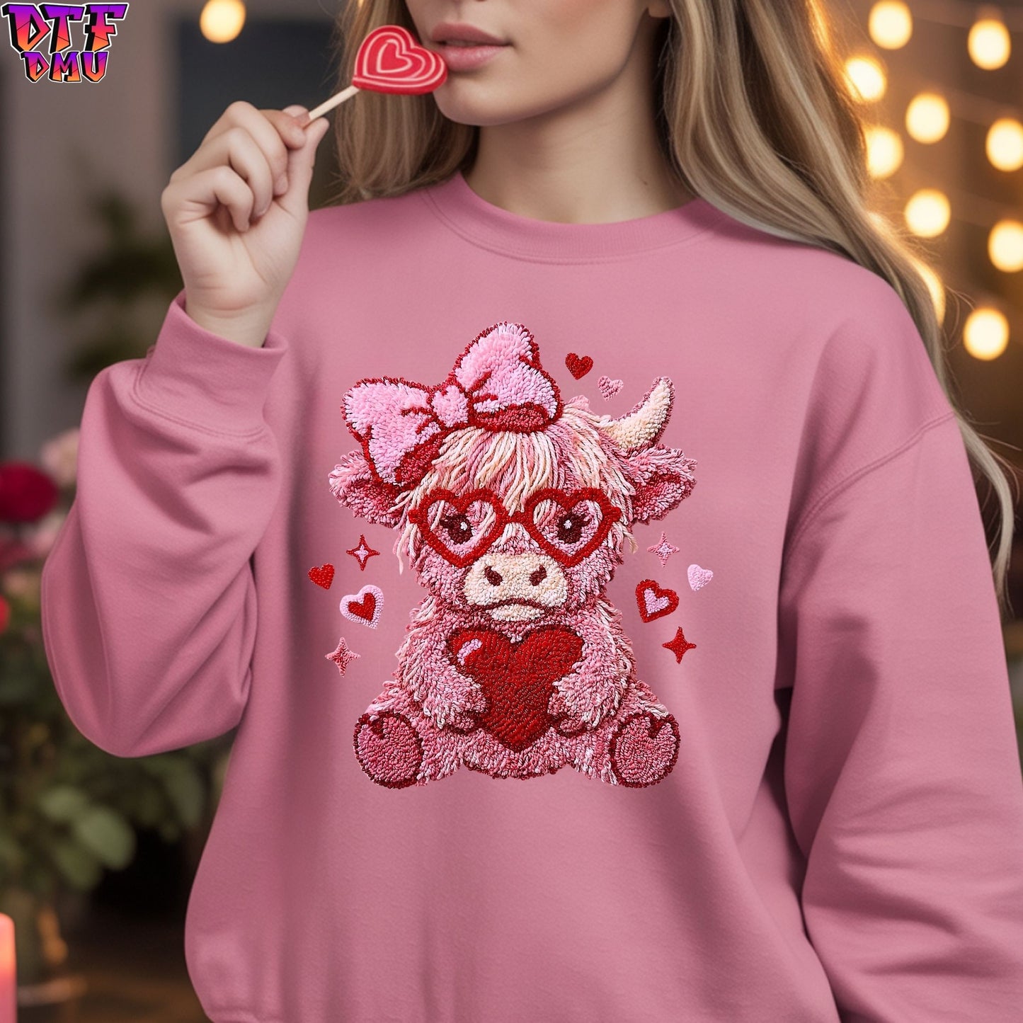 Highland Cow Faux Yarn/Crochet Valentine's Day DTF Transfer Print Only.