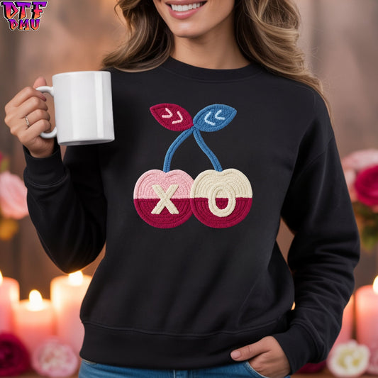 XO Cherry Valentine's Day  Faux Yarn/Crochet DTF Transfer Print Only.