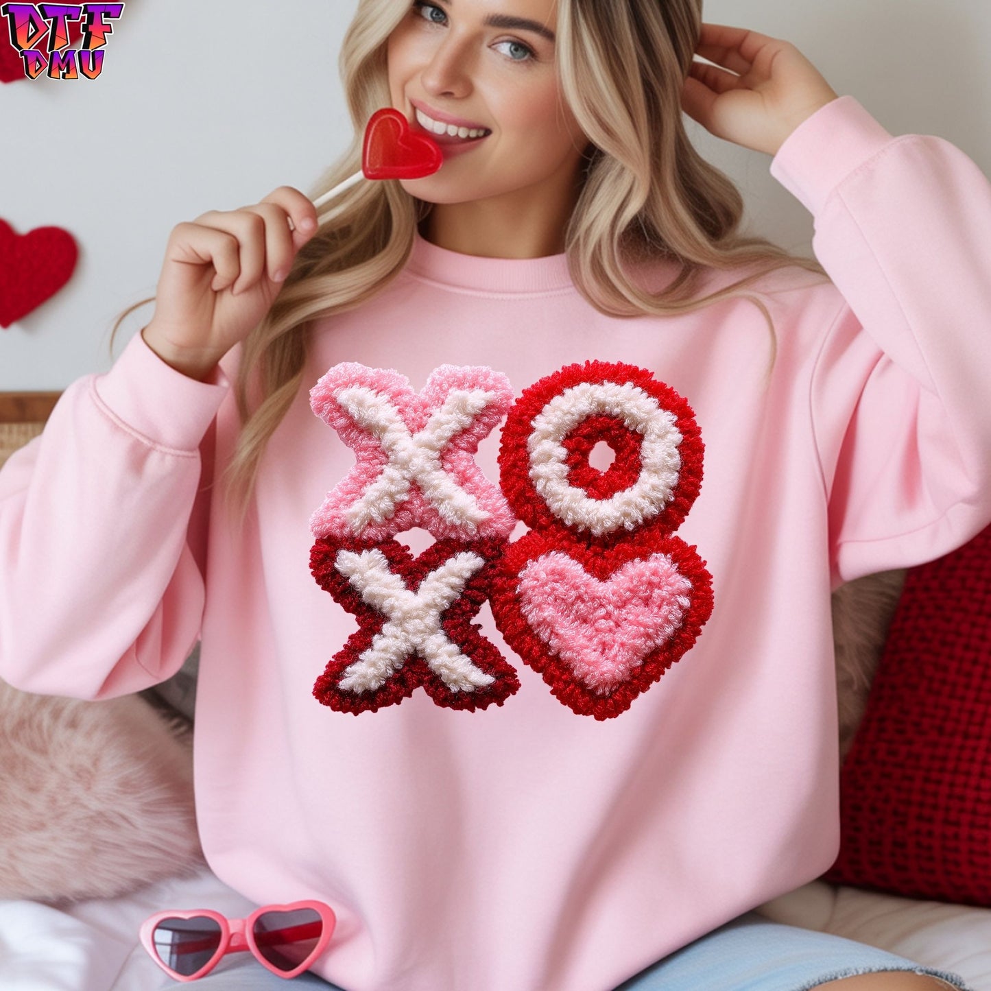 XOX Heart Faux Yarn/Crochet Valentine's Day DTF Transfer Print Only.