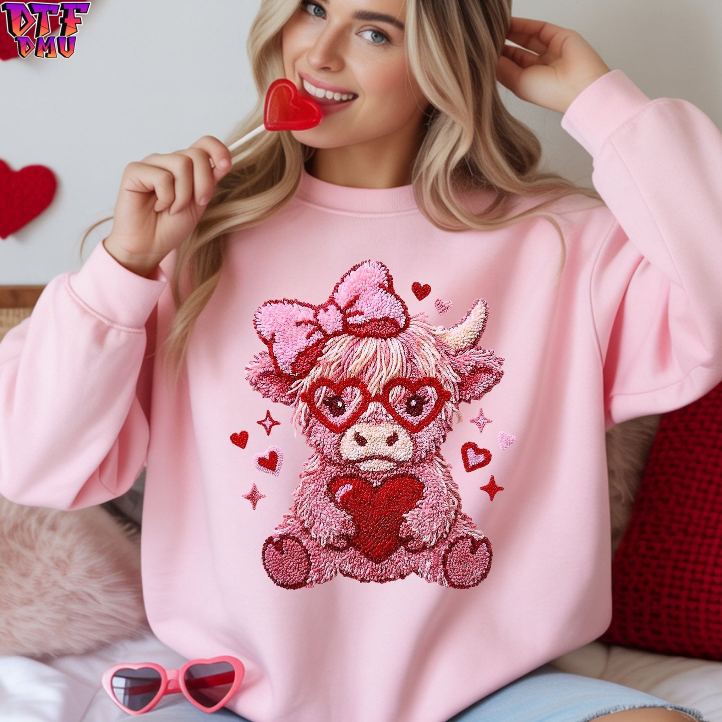 Highland Cow Faux Yarn/Crochet Valentine's Day DTF Transfer Print Only.