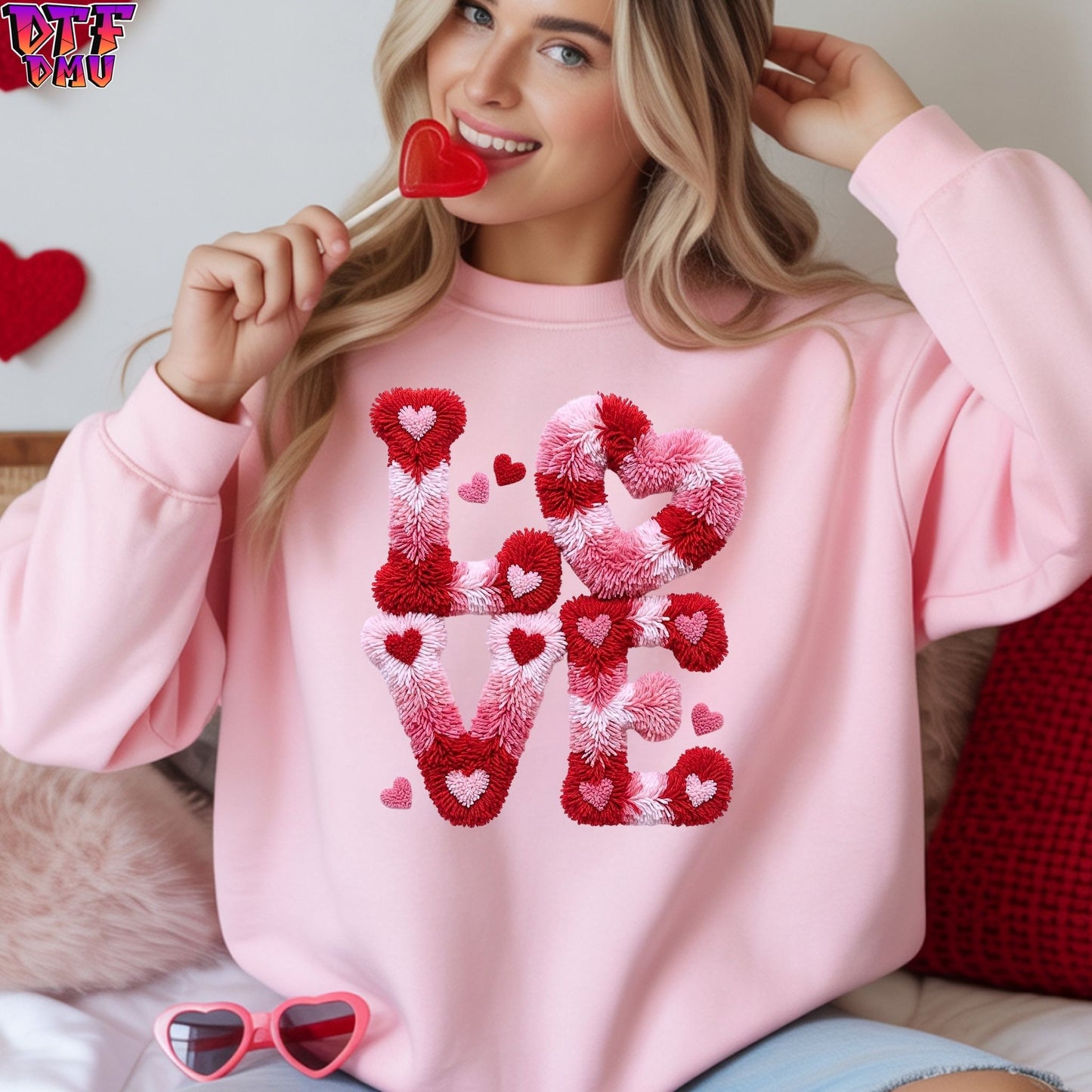 LOVE Valentine's Day Faux Yarn/Crochet DTF Transfer Print Only.