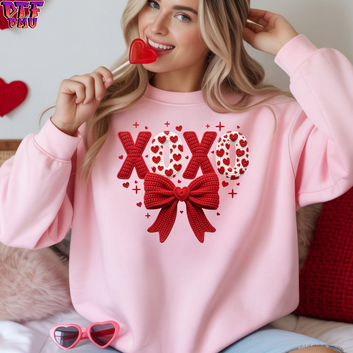 XOXO Faux Yarn/Crochet Valentine's Day DTF Transfer Print Only.