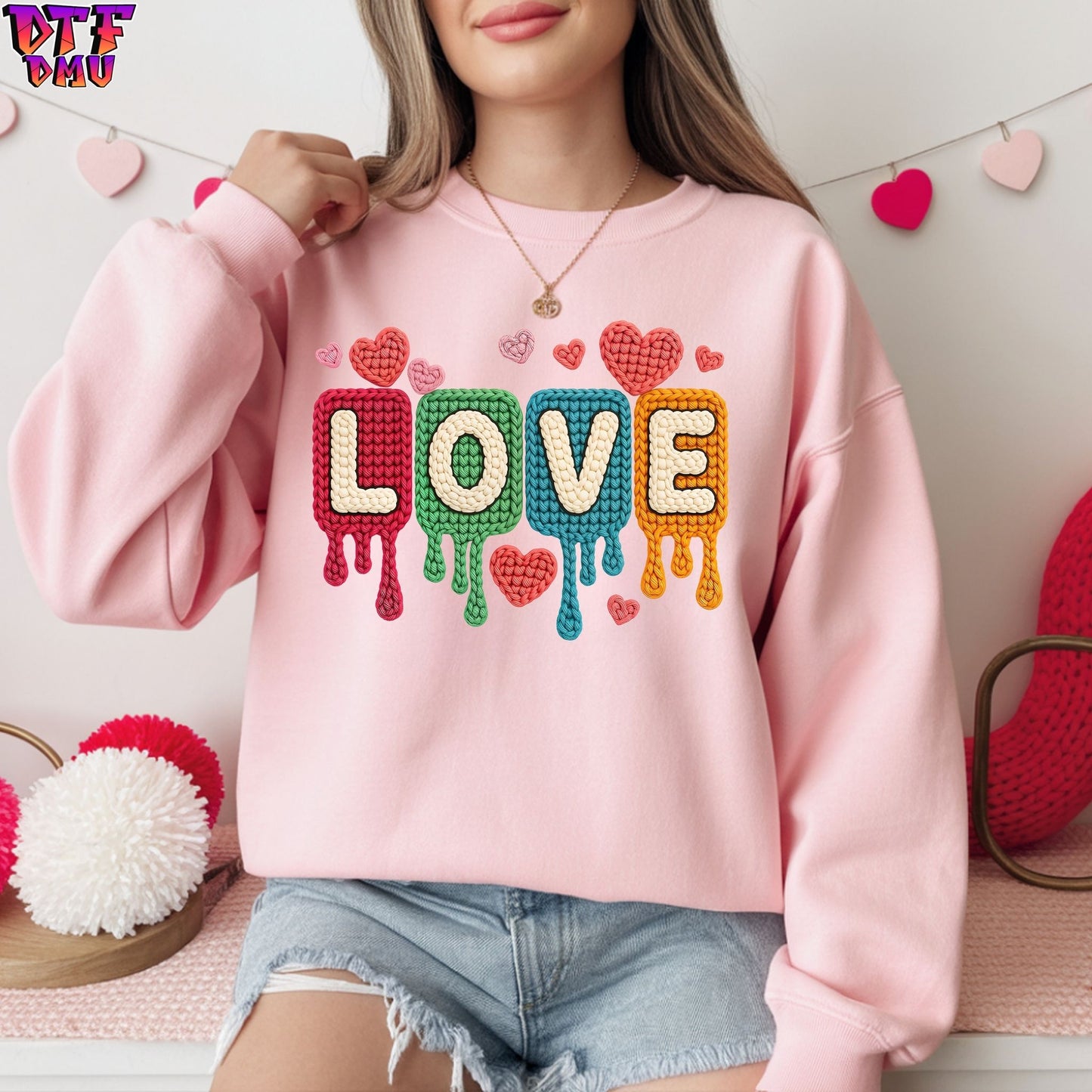 LOVE Faux Yarn/Crochet Valentine's Day DTF Transfer Print Only.