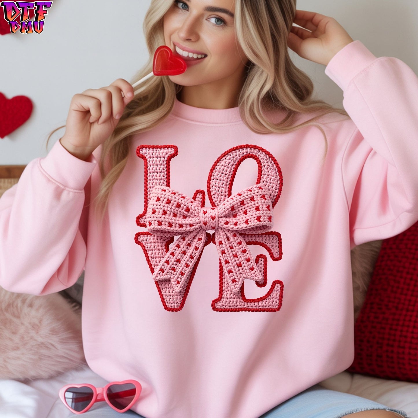 LOVE Faux Yarn/Crochet Valentine's Day DTF Transfer Print Only.