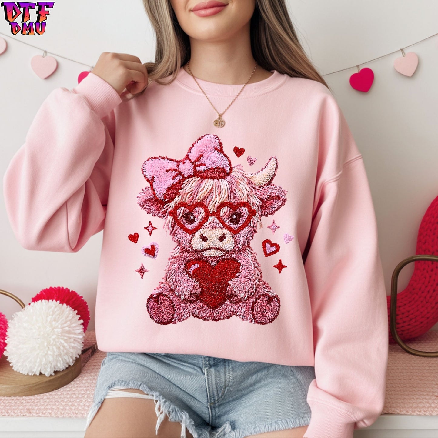 Highland Cow Faux Yarn/Crochet Valentine's Day DTF Transfer Print Only.