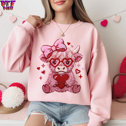 Highland Cow Faux Yarn/Crochet Valentine's Day DTF Transfer Print Only.